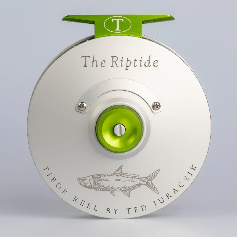 Tibor Reels - The Riptide - Frost Silver with Lime - Custom Tarpon Engraving