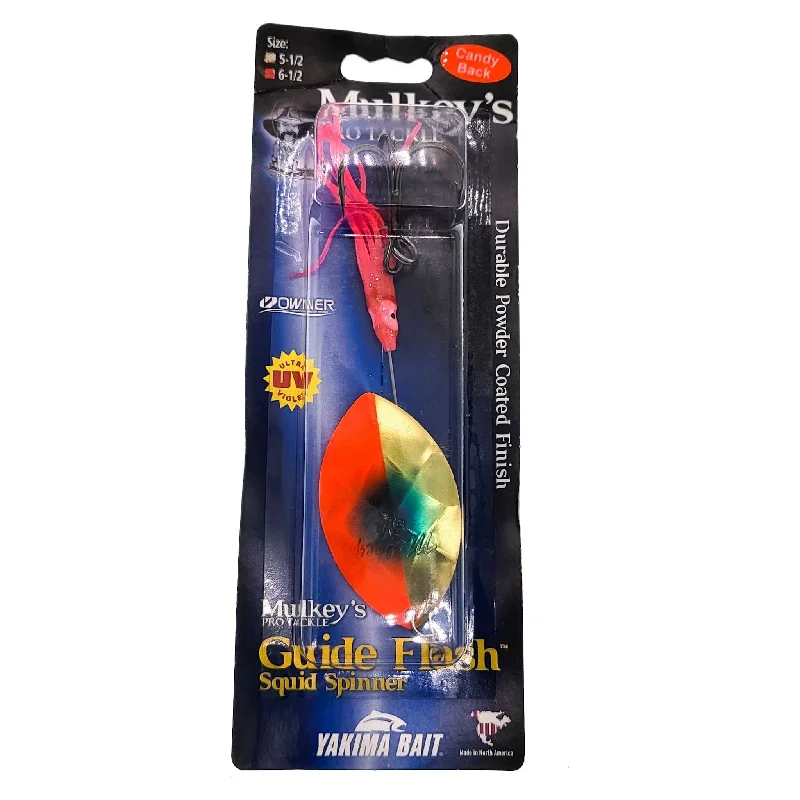 Yakima Bait Mulkey's Guide Flash Squid Spinner 6-1/2" Brass Flame Blue Dot